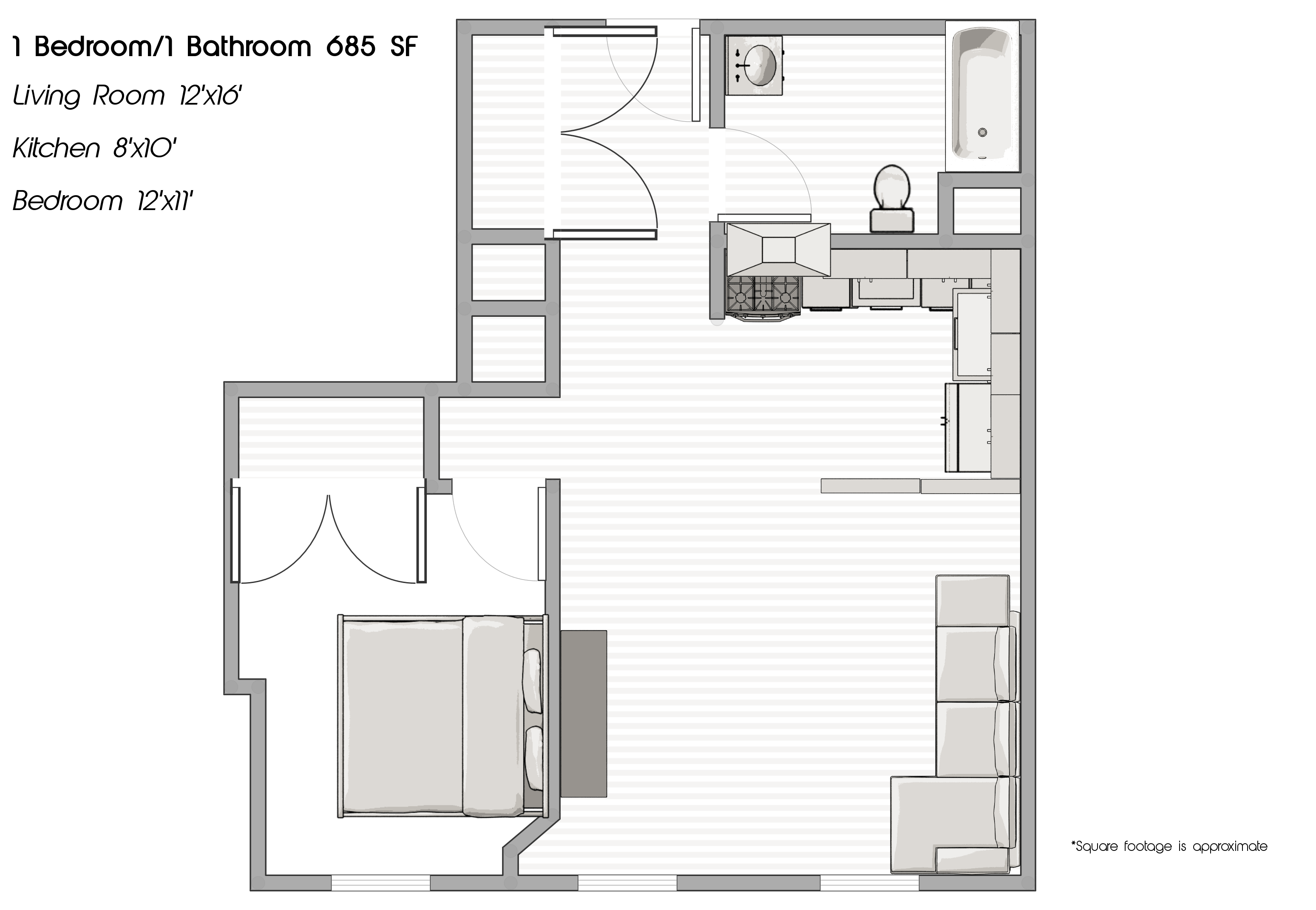 Floor plan for 1 bed, 1 bath, 753 sqft
